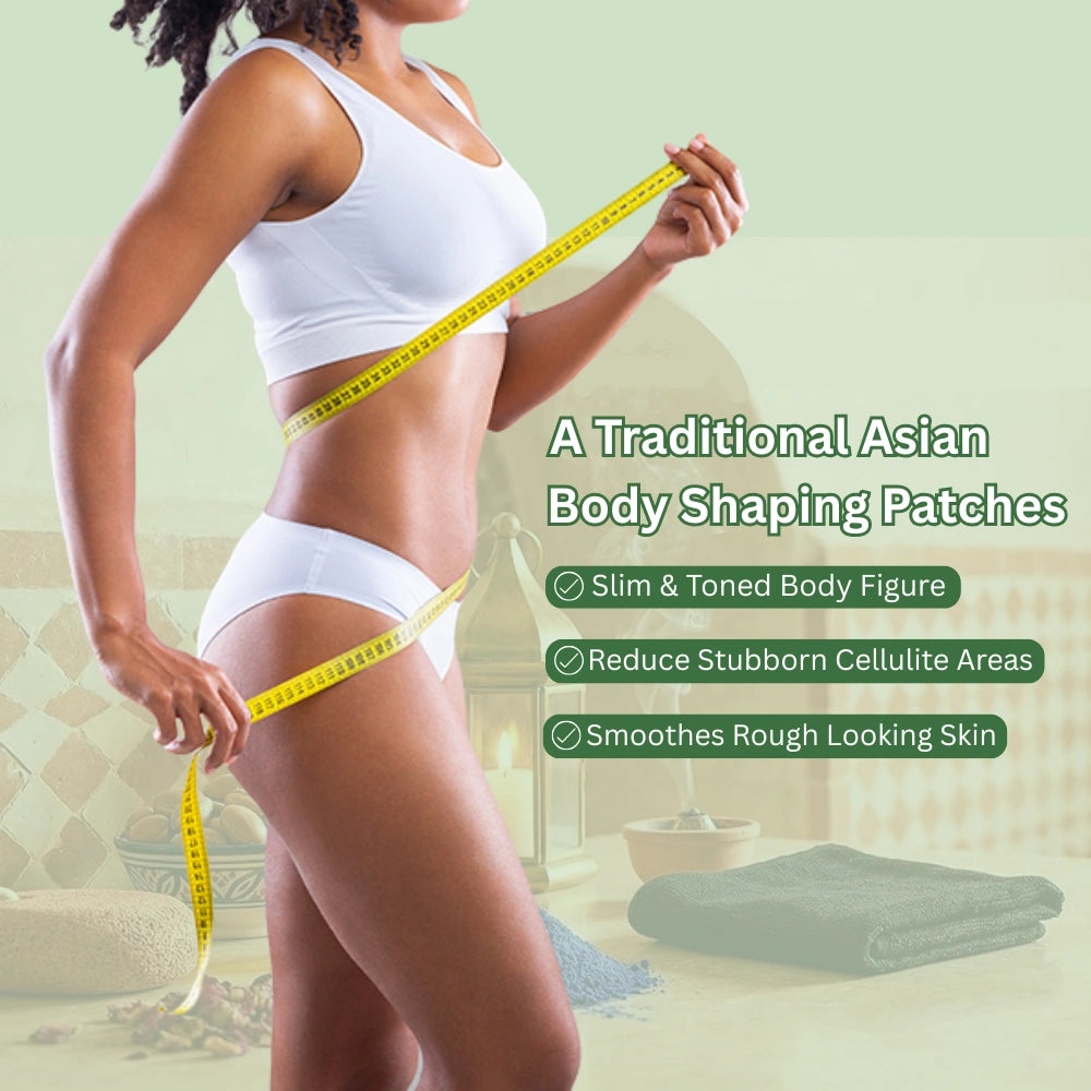 Woman measuring her waist with a yellow tape measure, promoting traditional Asian body shaping patches.